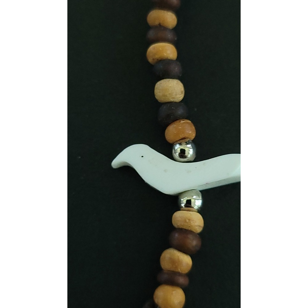 White Bird Wood Bead Folk Art Necklace Brown Tan Silver Tone 16in Artisan